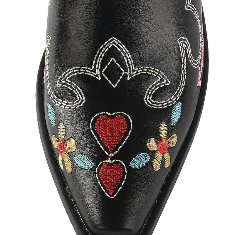 AOSPHIRAYLIAN Womens Floral Heart Embroidered Cowboy Cowgirl Boots Retro Pointed Toe Pull-On Western Boots Chunky Heels Mid Calf Boots