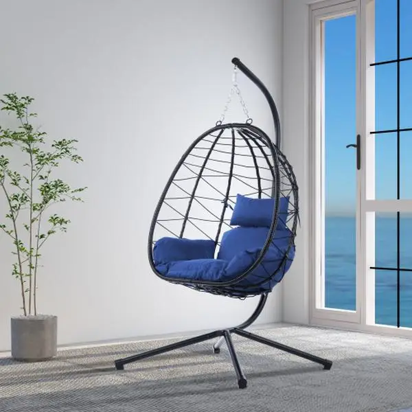 Hanging Rattan Egg Chair, Indoor Outdoor Garden Swing Chair, Elegant Hanging Chair with Stand and Comfortable Cushion for Backyard, Living Room, Balco