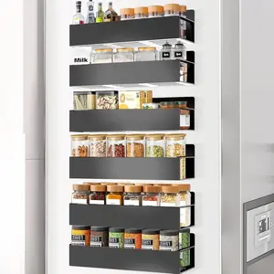 Magnetic Spice Rack Organizer for Fridge Seasoning Organizer for Kitchen storage with Screw or Adhesive Hanging,Magnetic Shelf with Hook for Refrigerator and Oven (Black, 6pack)