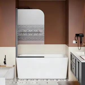 32.in W x 55.in H Shower Door Bathtub, 1/4 inch Thick Bohemian PatternTempered Glass Shower Door with Stainless Steel Handle, Black