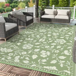 Waterproof Reversible Outdoor Patio Rug, Collapsible Plastic Straw Carpet, UV Resistant, Portable, Lightweight, Easy Care – Ideal for RV, Deck, Backyard, Beach, Camper, Vintage Floral Design