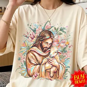 Floral Boho Jesus Shirt, Brushstroke Jesus and the Lamb, Lion of Judah Shirt, Bible Verse Shirt, Christian Shirt.