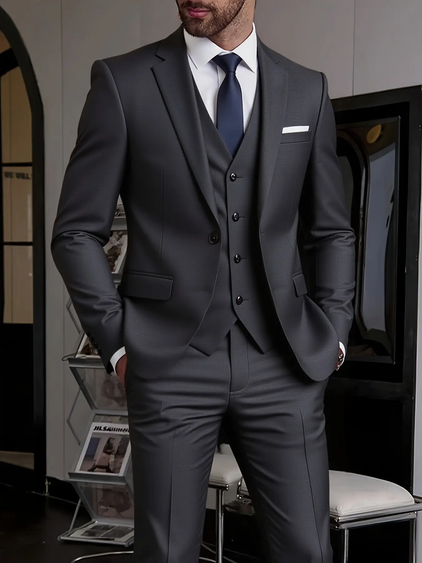 3pcs Men'S Slim Fit Tuxedo Suit Set - Black Formal Wear Wedding & Office Attire with White Shirt & Pants, Long Sleeve, Button-Up, Non-Stretch Fabric, All-season Durable Suit For Weddings, Business Meetings, And Elegant Events, Menswear