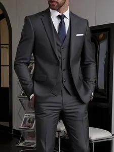 3pcs Men'S Slim Fit Tuxedo Suit Set - Black Formal Wear Wedding & Office Attire with White Shirt & Pants, Long Sleeve, Button-Up, Non-Stretch Fabric, All-season Durable Suit For Weddings, Business Meetings, And Elegant Events, Menswear