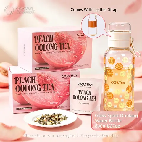 BOGO Peach Oolong Leaf Iced Tea Bags, 2 Cartons Scented Tea (50g/Carton, 5g×10pcs) with Pure Leaves & Peach Aroma,  Color Changing Glass Bottle800ml/27oz,  Sugar-Free, Ambient, Ideal for Adults
