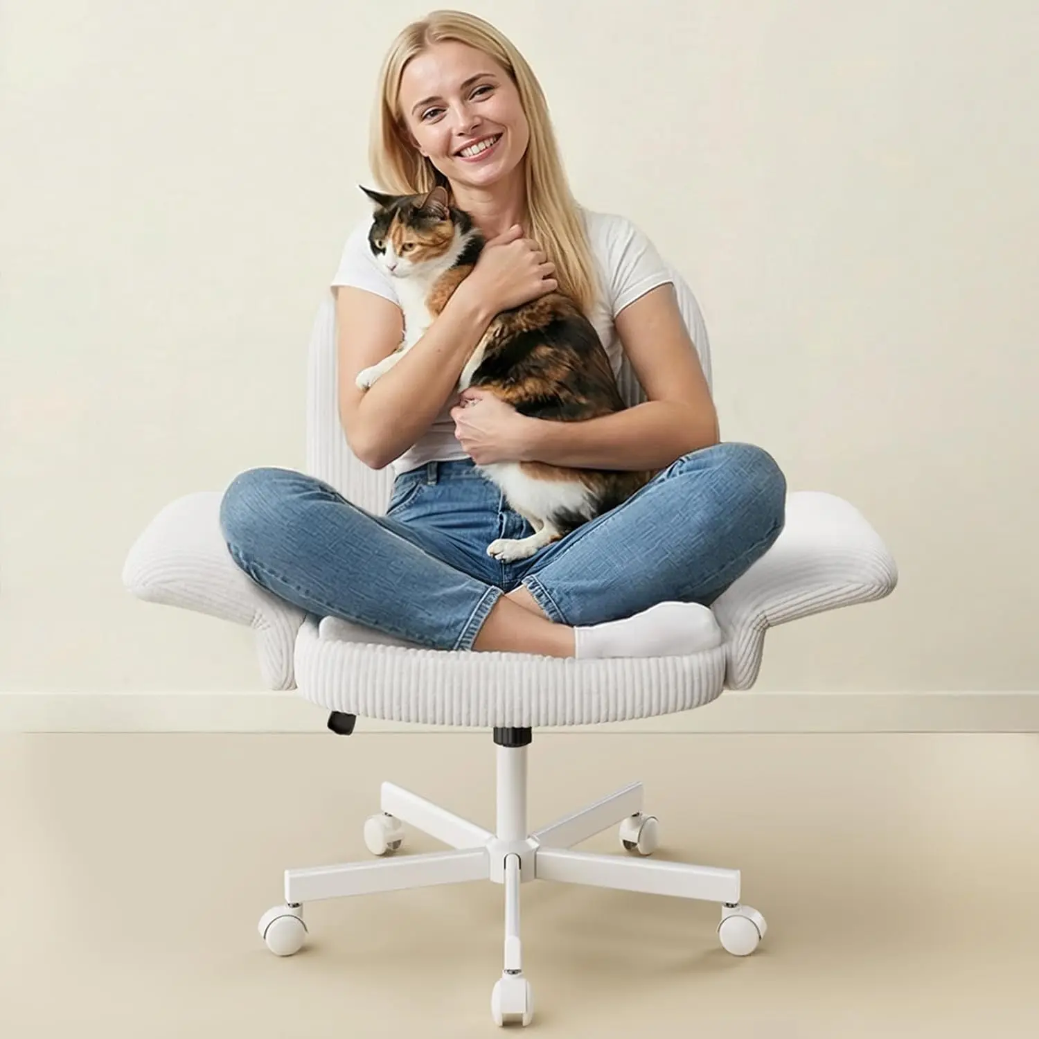 HUANUO Criss Cross Office Chair for Women, Cross Legged Desk Chair with Adjustable Armrests, Soft Corduroy Fabric for Small Spaces, Petite Home Office Computer Chair for Girls, White