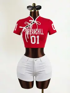 Tie Front Short Sleeve Crop Top, American Vintage Y2K Style, Sexy Sporty Casual Tee, Women's Fashion Top, Summer Wear