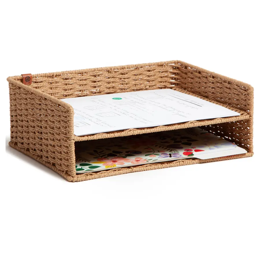 U Brands UBR6085U0106 Traditional 2-Tire Woven Paper Tray, Brown Home Organizer, Room Accessories for Storage