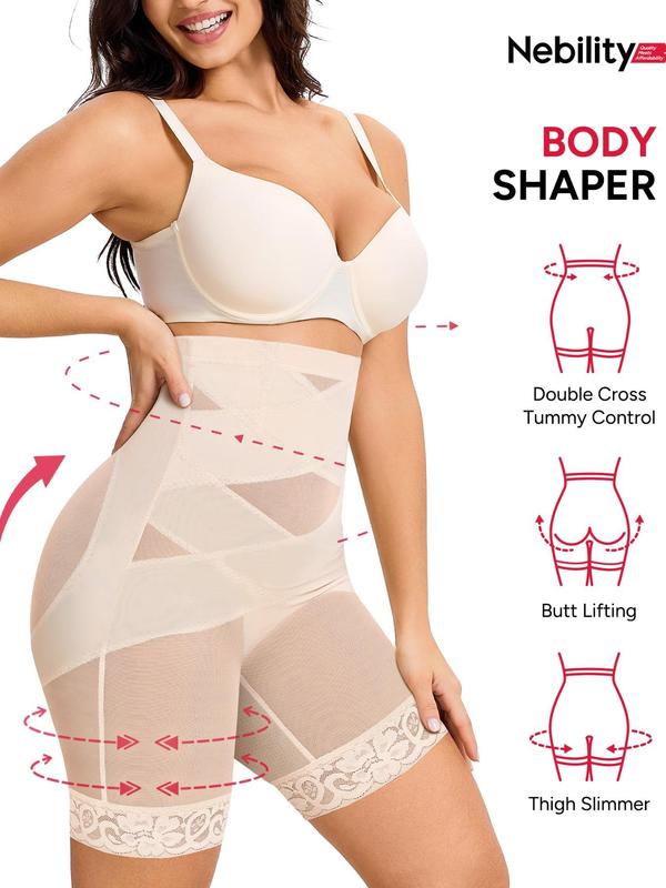 Women's Solid Color Lace Trim High Waist Shapewear Shorts, Tummy Control Shaper, High Waisted Shapers, High Stretch Shapewear Bottoms for Daily Wear Women's Solid Color Lace Trim High Waist Shapewear Shorts, Tummy Control Shaper, High Waisted Shapers, High Stretch Shapewear Bottoms for Daily Wear