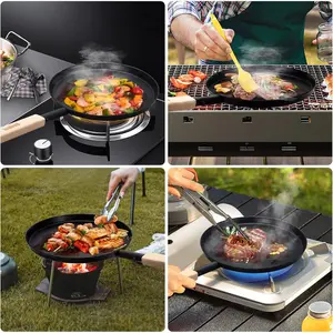 Frying Pan Skillet 8-inch Flat Griddle Pan, Lightweight Grill Pan with Wooden Handle for Camping Indoor Outdoor Cooking Aluminium Ceramic portable korean bbq grill Cookware Detachable