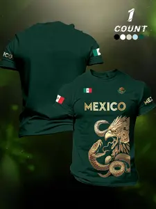 Men's Mexican Eagle Snake Gold Embroidery T-Shirt, Street Style Streetwear Loose Fit Short Sleeve Casual Top, Sporty Cartoon Print Tee