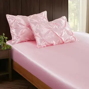 3-iece Set intuck Satin illowcases &  Fitted Sheet, Blush ink Satin Sheet Silky Soft Luxury Romantic inch leated Bedding Bedroom Dorm Decor, 15 Inch Dee ocket
