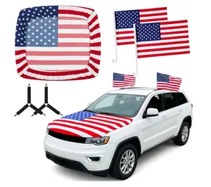 FLag Day American Flag Car Hood Cover Set, 63 x 47 Inch Universal USA Flag Hood Wrap with Small Flags and Secure Clips, Patriotic American Flag Hood Cover for Independence Day