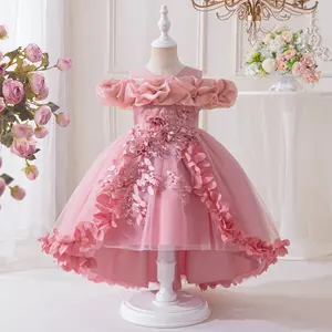 3-9Y Dark Pink 6038 Kids Clothes Flower Girls Frock Floral Mesh Trailing Skirt Ball Gown Pageant Children Elegant Princess Prom Host Formal Evening Party Banquet Cocktail Dress