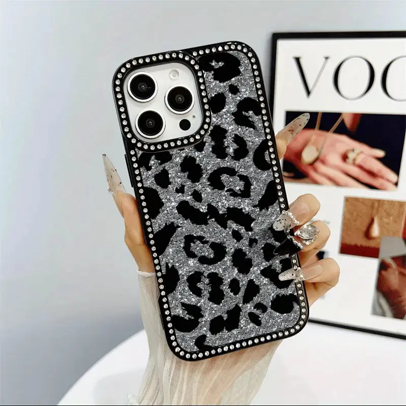 Black Shiny Leopard Print TPU Phone Case with Rhinestones - Durable Flexible Back Panel, Multi-Layer Protector, Animal-Print Aesthetic Accessories for iPhone 11-17, Ideal Gift for Friends
