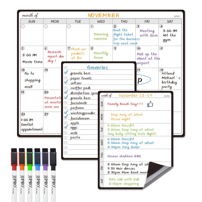 JJPRO Magnetic Monthly Calendar Whiteboard Set for Fridge-Monthly Planning Board and Two Bonus Dry Erase Grocery Board&Weekly Menu Board-Meal Planner Whiteboard/To-Do List-6 Markers