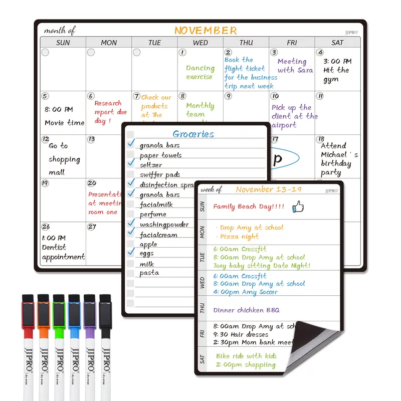 JJPRO Magnetic Monthly Calendar Whiteboard Set for Fridge-Monthly Planning Board and Two Bonus Dry Erase Grocery Board&Weekly Menu Board-Meal Planner Whiteboard/To-Do List-6 Markers