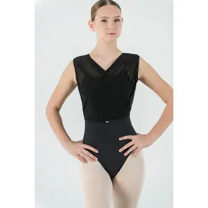Opera Leotard with High Neckline Crisscross Mesh Overlay & Sculpted Waist for Refined Elegance in Dance Performances
