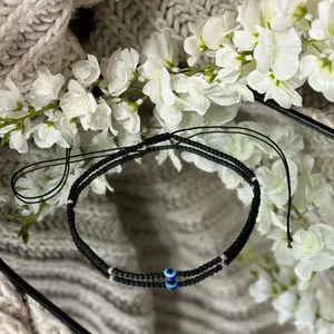 Evil Eye Threaded Glass Bead Adjustable Choker Necklace - Black Cord with Blue Eye Accent Jewelry