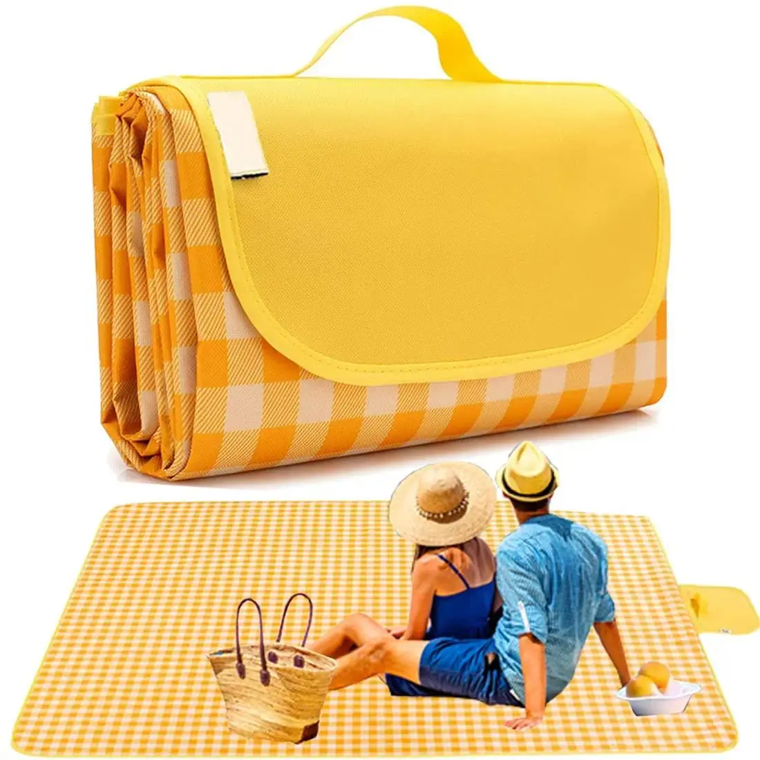 Extra Large 60"x80" Beach Blanket Waterproof Sandproof Outdoor Picnic Blanket Foldable Lightweight Portable Mat Green Yellow Blue for Camping Park Beach