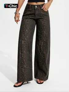 Women's New Trendy Leopard Print Wide Leg Straight Pants, Fashion Versatile Lady Denim Long Pants, Casual Everyday Fitted Jeans for All Seasons Womenswear