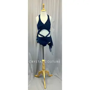 Custom Navy Fishnet, Mesh, and Lace Strappy Leotard