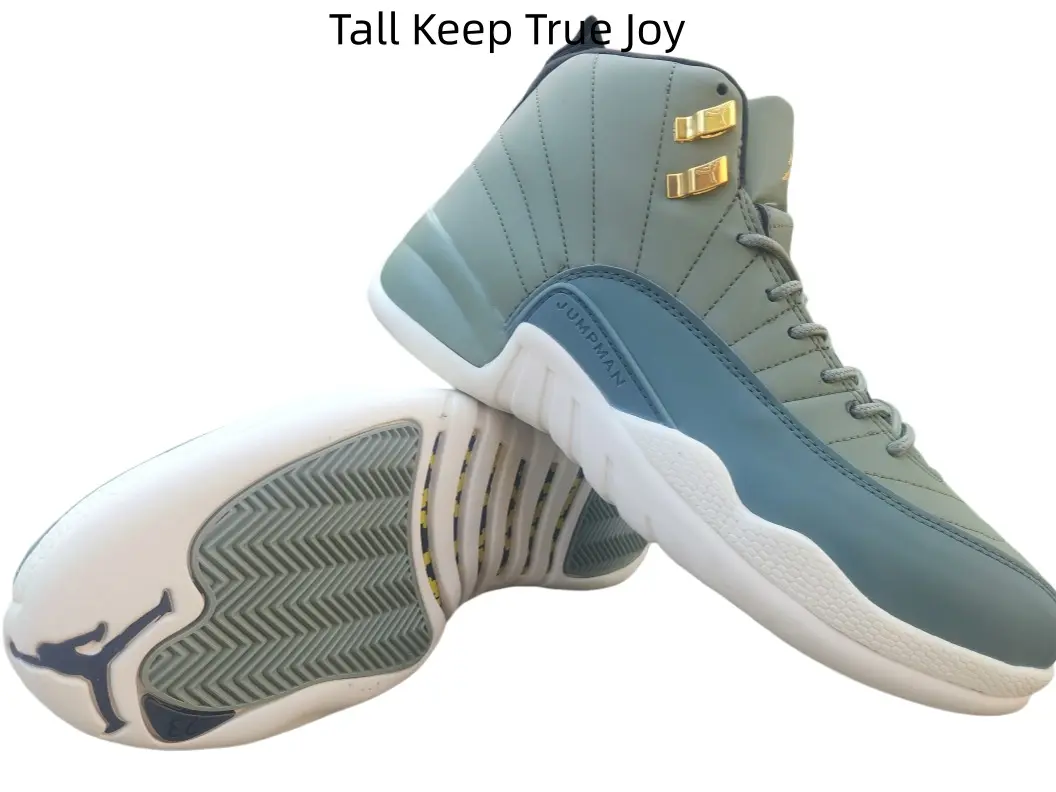 Classic retro high-top athletic footwear with gradient grey-green leather upper, metallic gold buckle details and zigzag textured white outsole, calm neutral color scheme easily coordinates with khaki, grey and denim outfits all year long