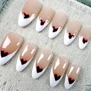 Elegant Ombre Heart Embellished Almond Press On Nail, Soft Nude to White Gradient with Delicate Dark Red Hearts, Fake Nail for Weddings