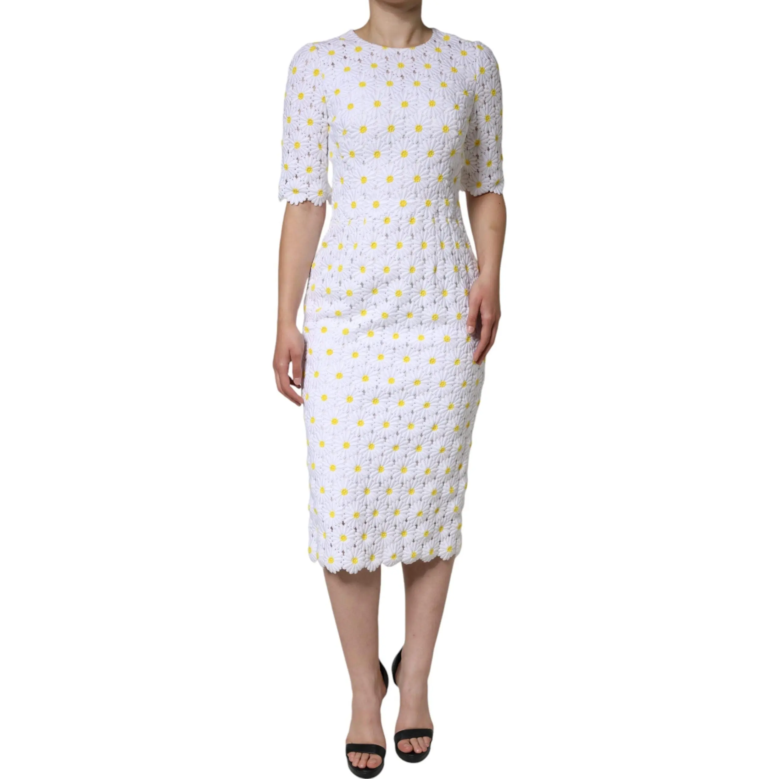 White Daisy Macrame Lace Sheath Midi Dress