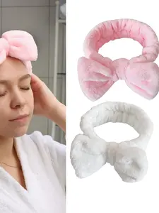 Soft Coral Fleece Puffy Bow Headband, Washable Multi-Use for Washing Face, Bathing, Skincare, Yoga, Workout Headband, Cute Plush Hair Band for Women/girls