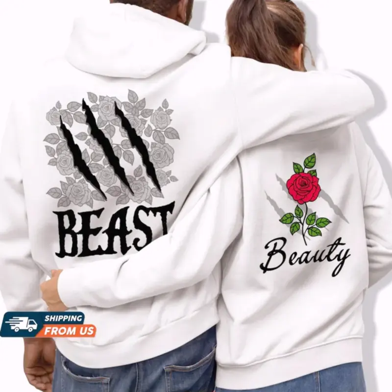 Beauty And The Beast Matching Couple Graphic Hoodie Casual Streetwear Fleece Fabric Pullover Hooded Sweatshirt Trendy Tops for Women for Men Perfect Valentine’s & Anniversary Gift