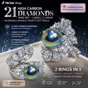 Luxury Detachable Pearl Ring Set for Women – 2-in-1 Stackable Ring with 21 High Carbon Diamonds, Sparkly CZ Halo Ring, Adjustable Statement Jewelry Gift shell pearl tiktokshopspringglowup