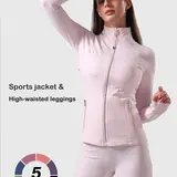 Women's Casual Sports Jacket - Gold Zip Up Jacket, High Waist Leggings, Slim Fit, High Stretch, Thumb Holes, Pockets, Gym Sets, Trendy Clothing Sets, Jackets for Women, Yoga Workout Apparel