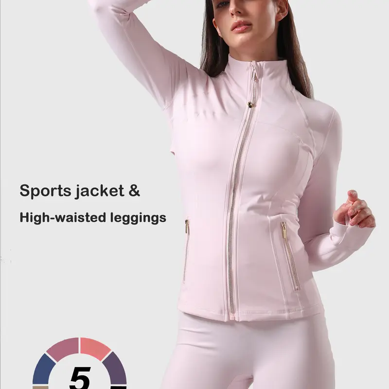Women's Casual Sports Jacket - Gold Zip Up Jacket, High Waist Leggings, Slim Fit, High Stretch, Thumb Holes, Pockets, Gym Sets, Trendy Clothing Sets, Jackets for Women, Yoga Workout Apparel