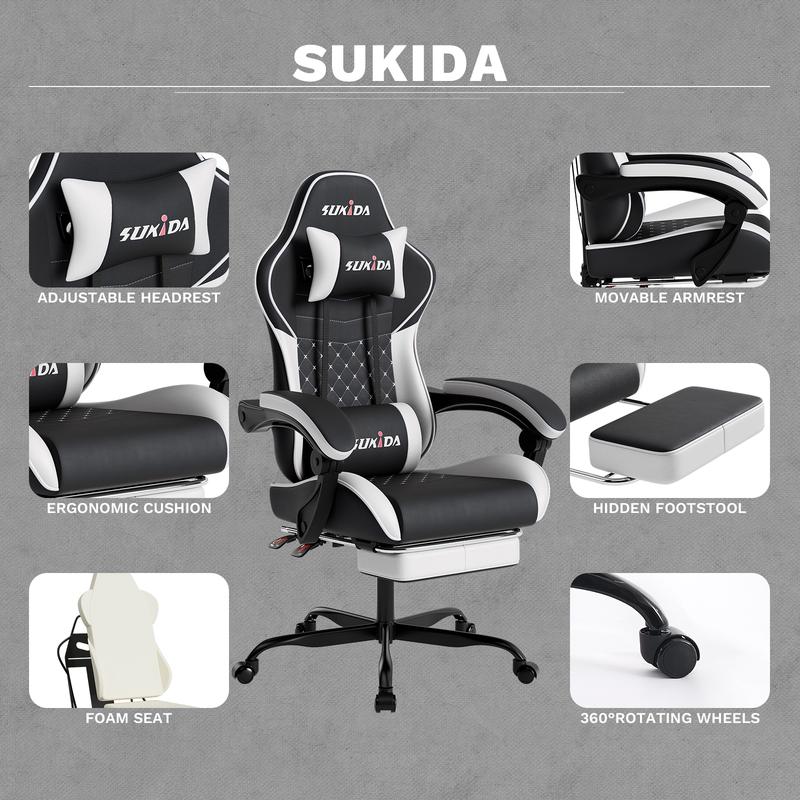 WOTSTA  Gaming Chair,high back ergonomic computer chair， with Footrest and Comfy PU Leather Recliner with Headrest and lumbar support, Fixed Up Armrest, Height Adjustable with 360° Swivel Office chair