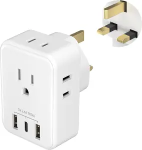 to UK Plug Adapter, Type G Plug Travel Adapter with 4 AC Outlets and 3 USB Ports (1 USB C), UK Power Adapter for  to Ireland England Dubai London Scotland  Kenya Hong Kong