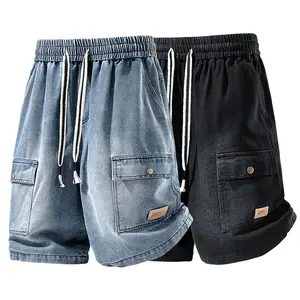 Men’s summer washed workwear denim shorts — woven design, drawstring elastic waistband, multiple pockets; casual mid-length shorts for outdoor street style, a must-have fashion piece. #SummerWins