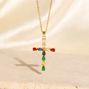 Gold Cross Necklace with Colorful Crystals for Women & Men ️ Elegant Religious Pendant Jewelry, Christian Gift for Birthday, Anniversary, Christmas, Mother’s Day, Valentine’s Day – Faith & Fashion Combined