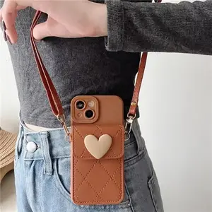 Crossbody Leather Strap Card Holder Phone Case for iPhone 16 15 14 Plus 13 12 11 Pro Max XS XR XS MAX - Heart-Shaped Protective Case Cover