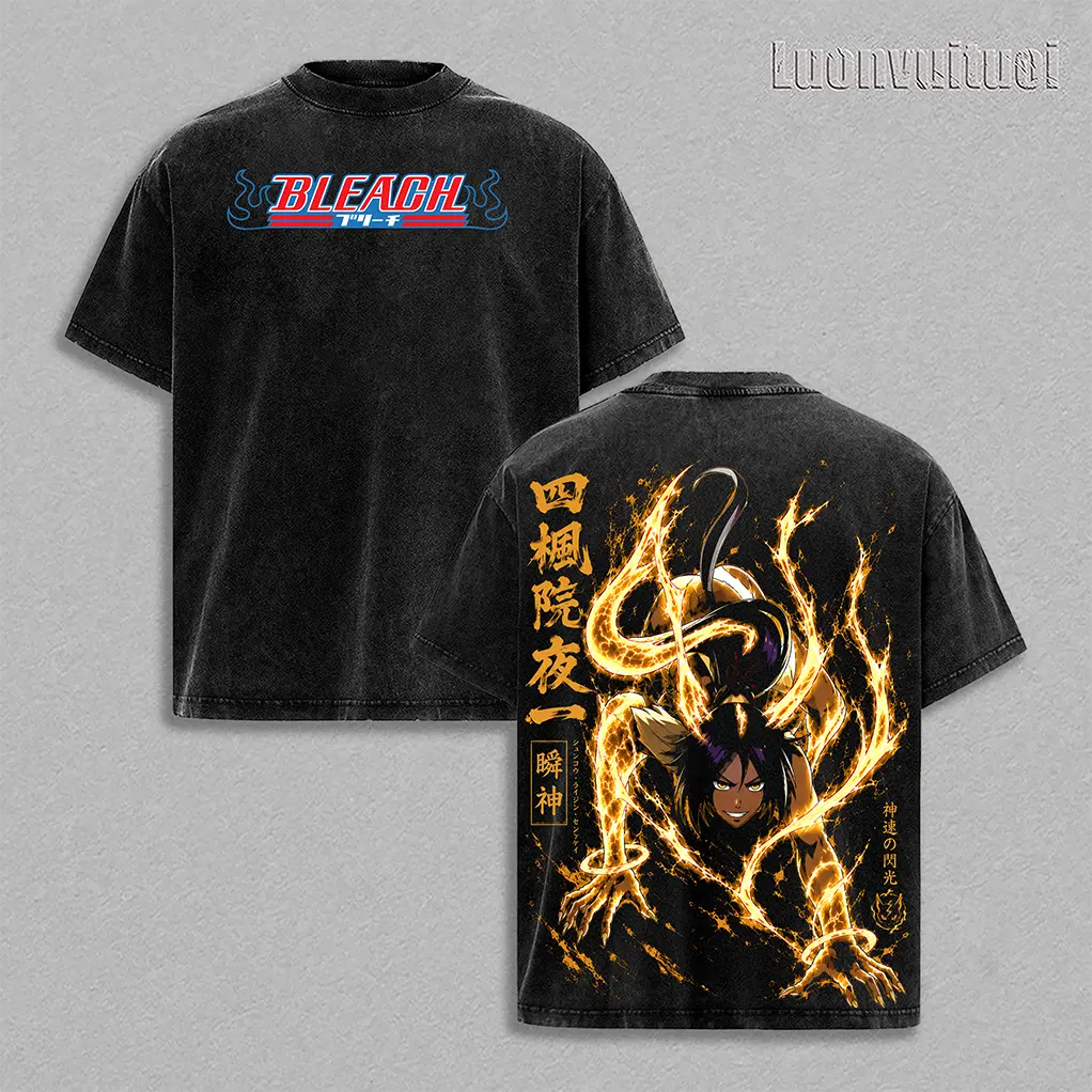 Bleach Yoruichi Shihouin God of Flash Golden Lightning Anime Washed Black Oversized T-Shirt, Front and Back Graphic Vintage Streetwear Tee