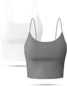 Women's 2-Pack Stretchy Cropped Cami Tops-Spaghetti Strap, Sleeveless, Short, Leak-Proof Camisole, Minimalist Basic Casual Summer Daily Wear