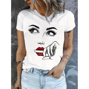 Women White Cotton T Shirt With Lips And Eyelashes Graphic Loose Fit Round Neck Short Sleeve Casual Party Wear Machine Washable Relaxed Style Durable Print