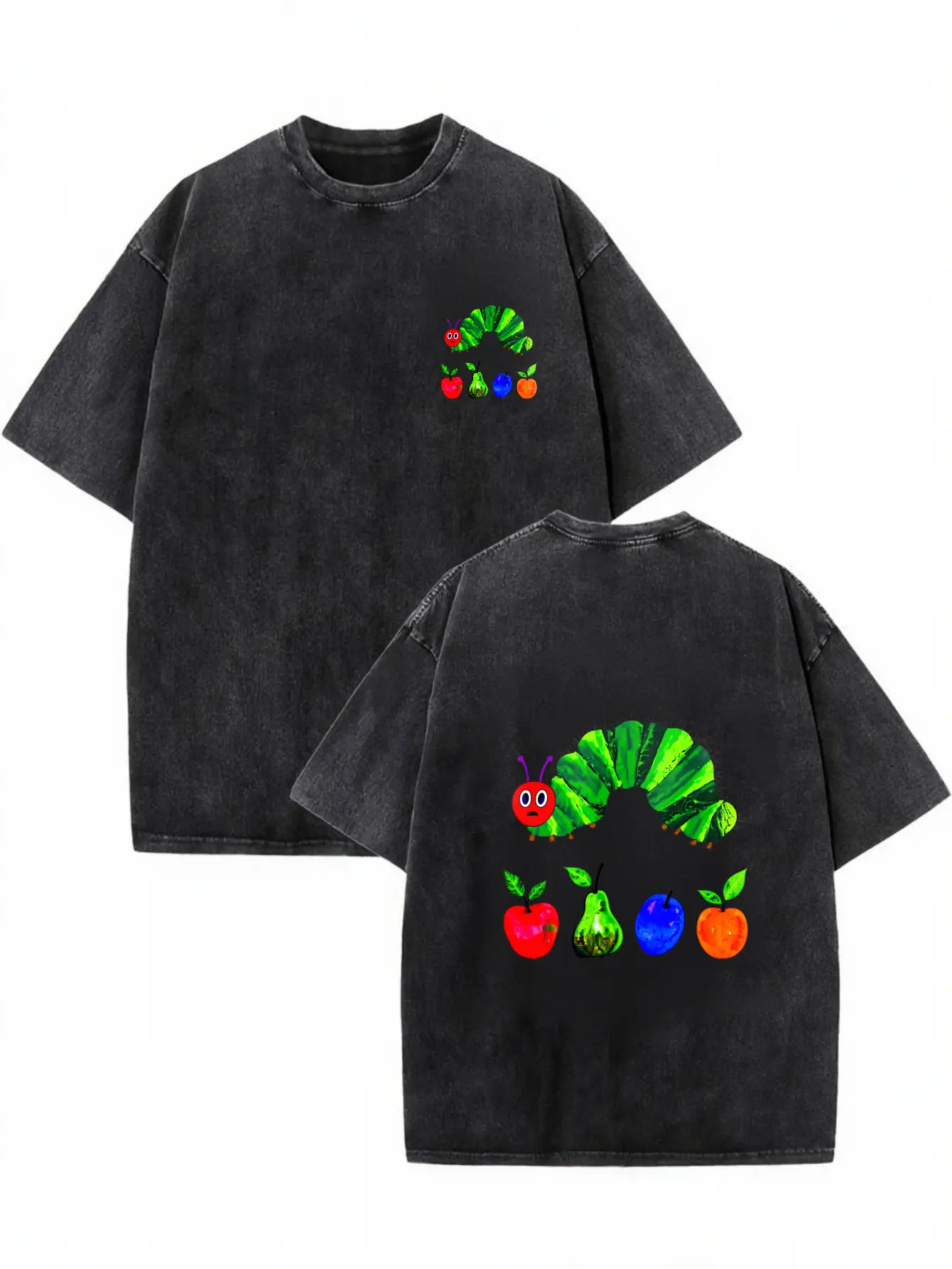 Vintage Acid Washed Black The Very Hungry Caterpillar Graphic T-Shirt, Double Sided Cute Fruit Caterpillar Print Casual Loose Cotton Tee, Retro Cartoon Daily Streetwear Unisex Short Sleeve Tops