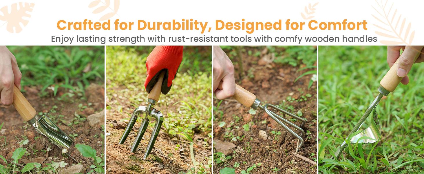 SOLIGT Garden Tools Set with Basket, Heavy Duty Stainless Steel Gardening Hand Tool with Wood Handle, Pruning Shears, Gloves - Perfect Gardening Gifts Planting Supplies for Women Men, Mother’s Day