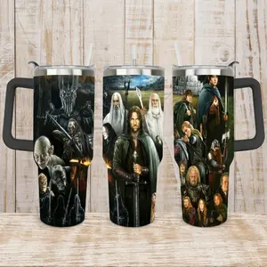 Lord Of The Rings 40oz Insulated Tumbler With Handle & Straw, Middle Earth Fellowship Movie Fan Stainless Steel Travel Mug, Vintage Aragorn Gandalf Legolas Graphic Cup Gift For Men Women, Retro Sauron Gollum Fantasy Coffee Mug