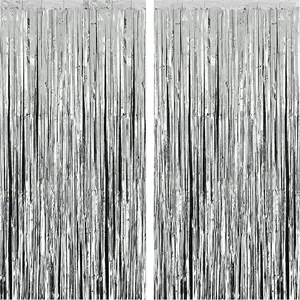 XtraLarge Silver Foil Fringe Curtain - 3.2x8 ft Pack of 2, Streamers Backdrop for Graduation Decorations 2026, Silver Fringe Backdrop for Birthday Decor, Bachelorette party decorations
