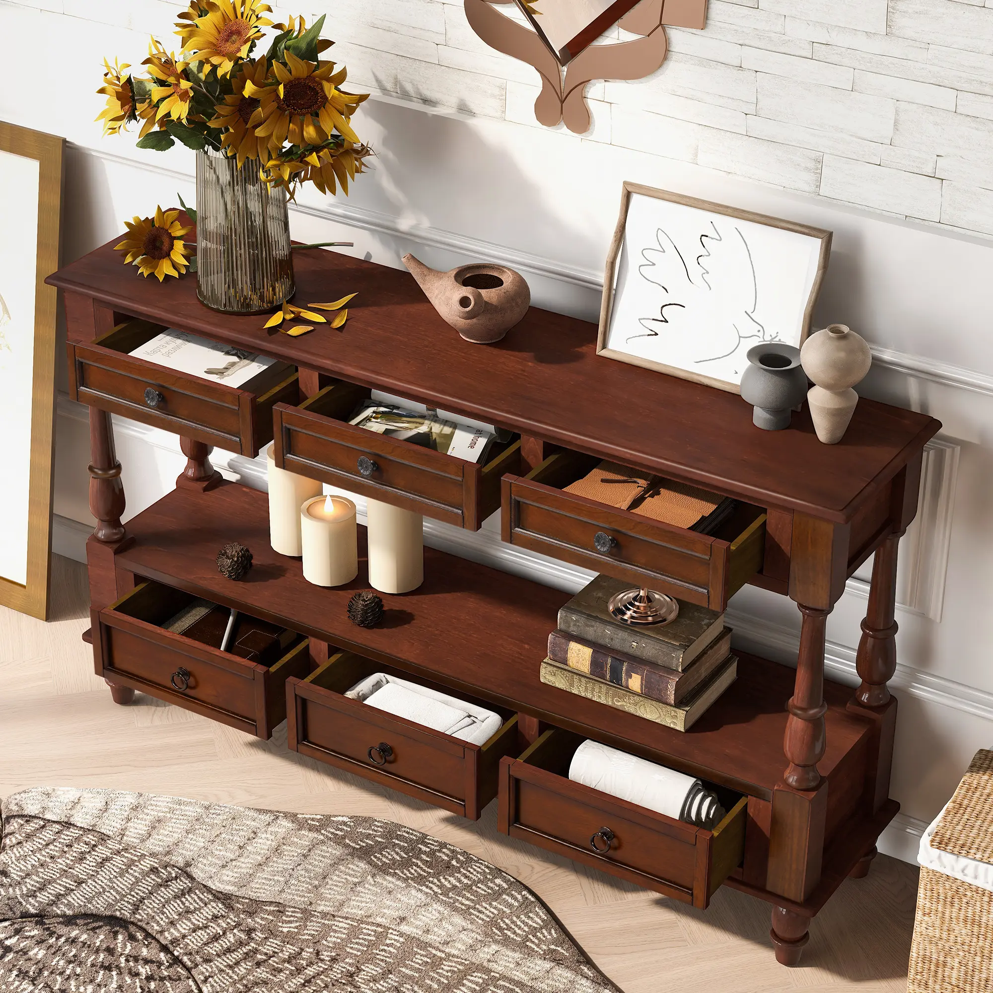 Solid Wood Console Table with 6 Drawers and Shelf, Vintage 54'' 2-Tier Wood Couch Foyer Table for Living Room, Hallway, Entrance