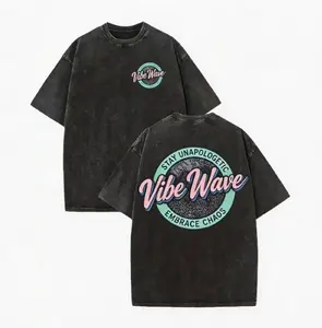 Men's vintage washed wax-print T-shirt with double-sided crew neck logo letter print