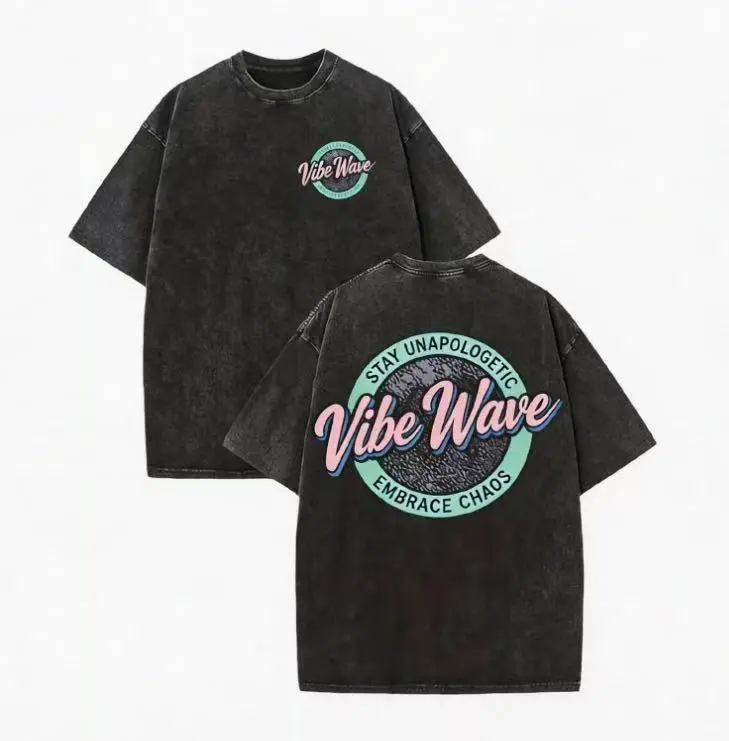 Men's vintage washed wax-print T-shirt with double-sided crew neck logo letter print