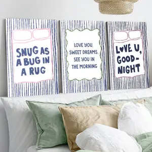 3pc Playful Wall Art, Handwritten Sweet Night Quote Triptych, Whimsical Doodle Style, Blue Canvas, Living Room & Bedroom Decor, Framed Gift